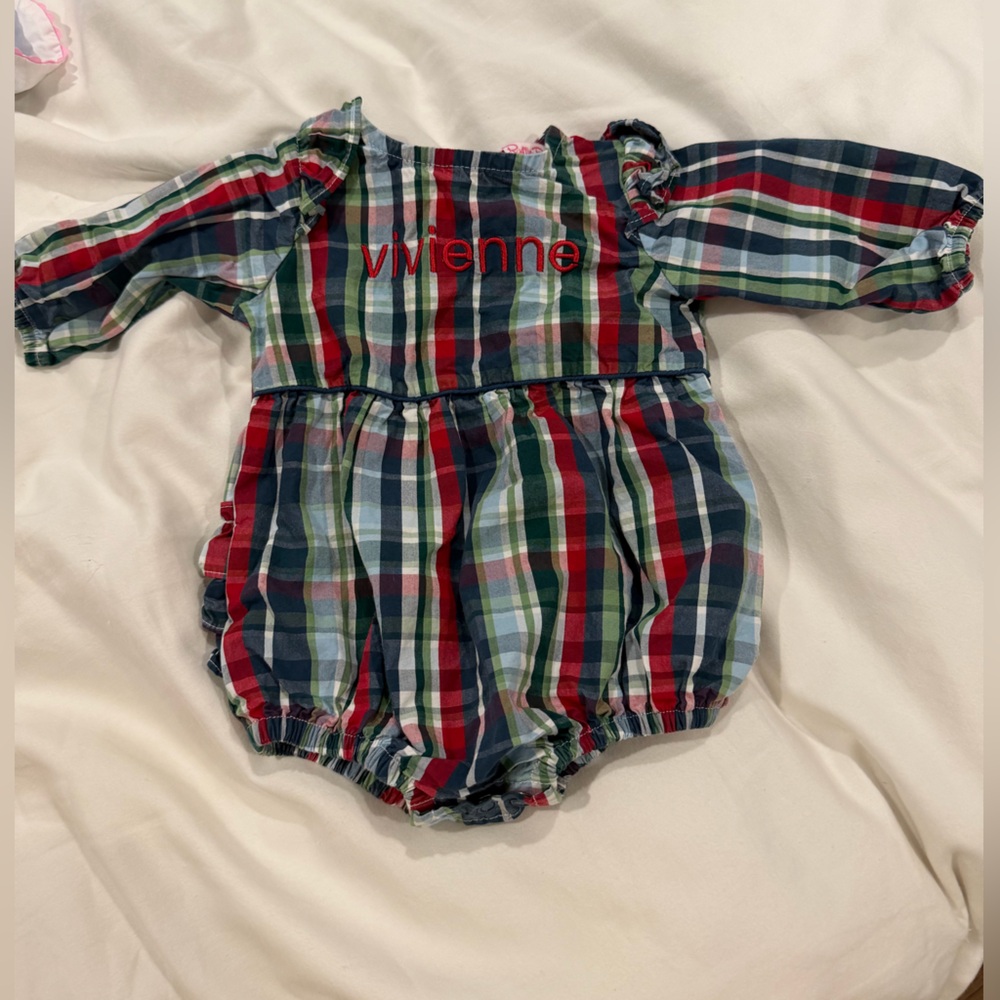 Ruffle Butts Multicolor Plaid Baby bubble with “Vivienne” Monogram